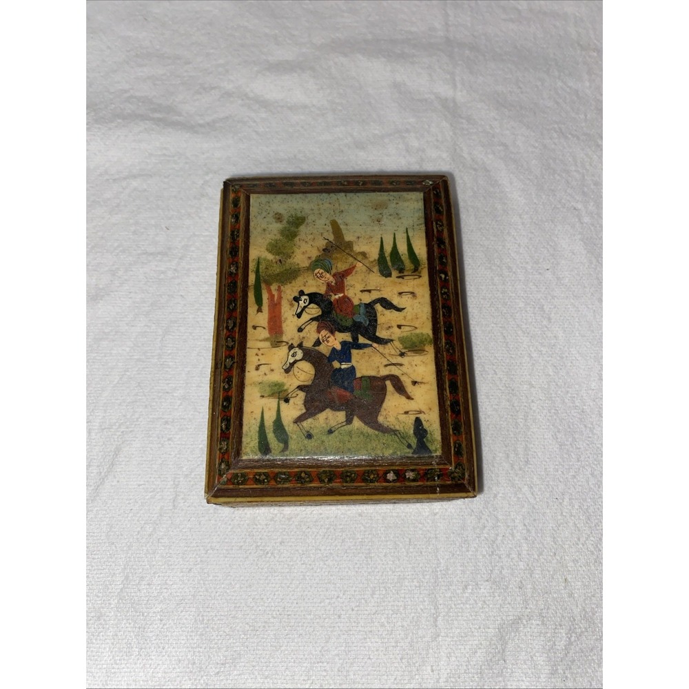 Persian Khatam Marquetry Wood Trinket Jewelry Box Hand Painted Hunting Scene